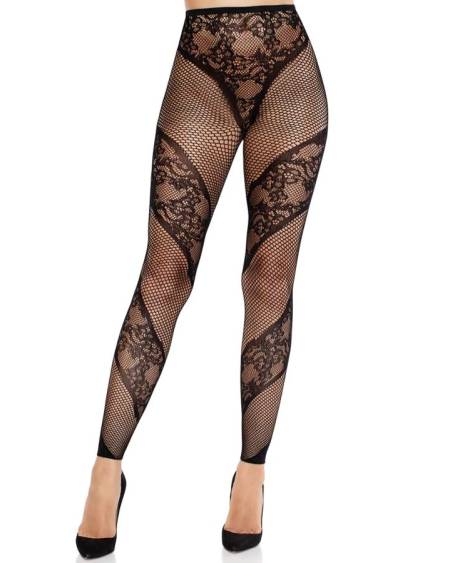 Collants sem pé pretos LEG AVENUE, com painéis diagonais de renda e efeito de rede.