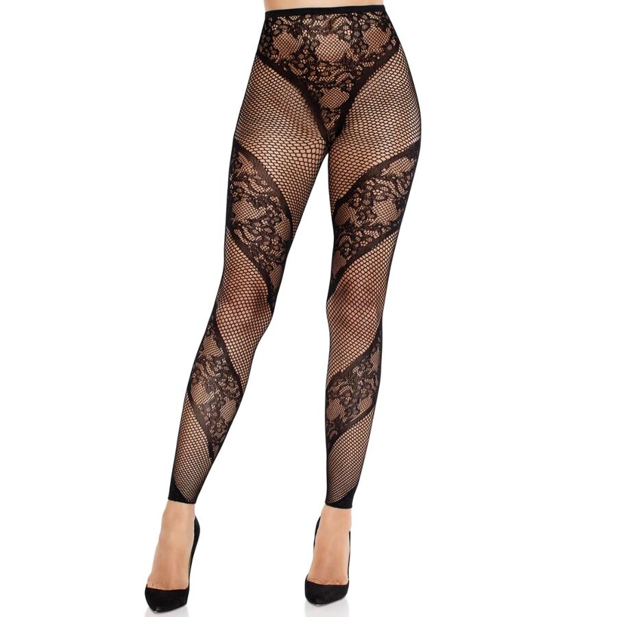 Collants sem pé pretos LEG AVENUE, com painéis diagonais de renda e efeito de rede.