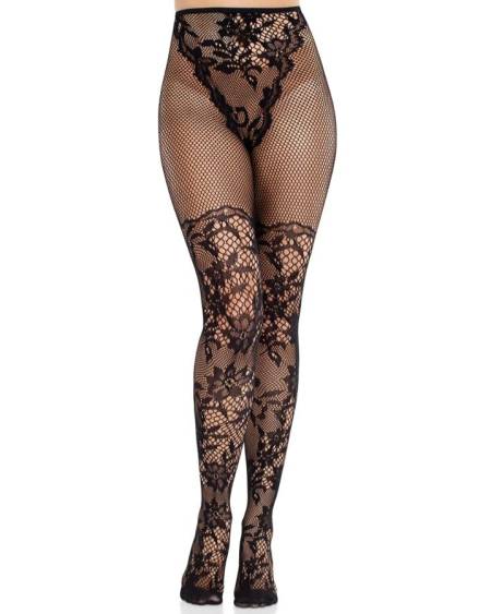 Meias pretas Dahlia da LEG AVENUE, com renda floral e detalhe de rede na coxa