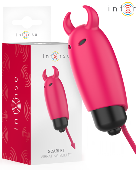 Vibrador bala Scarlet da INTENSE FUN TOYS, vermelho, com cauda bifurcada e cornos