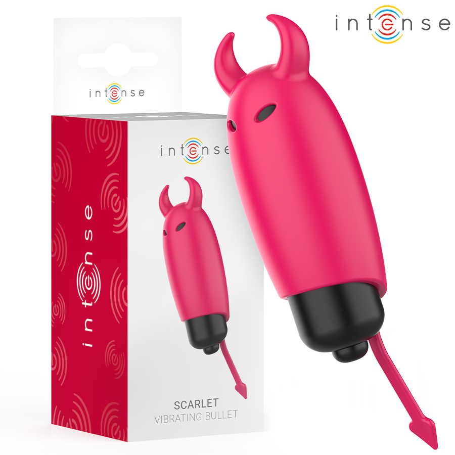 Vibrador bala Scarlet da INTENSE FUN TOYS, vermelho, com cauda bifurcada e cornos