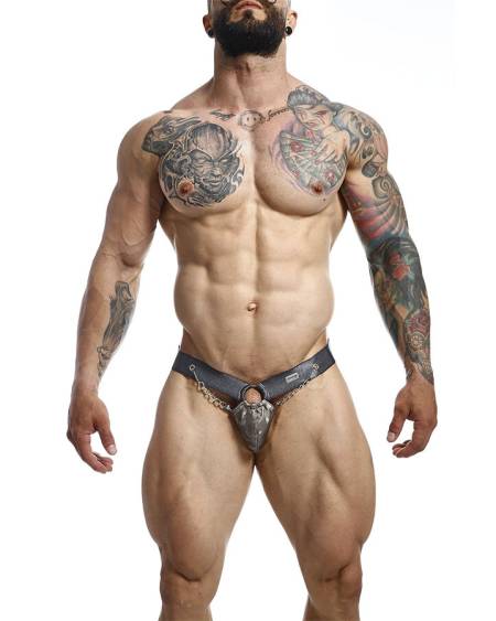 Jockstrap MOB Dngeon cinzento, com bolsa frontal de corrente e alças largas