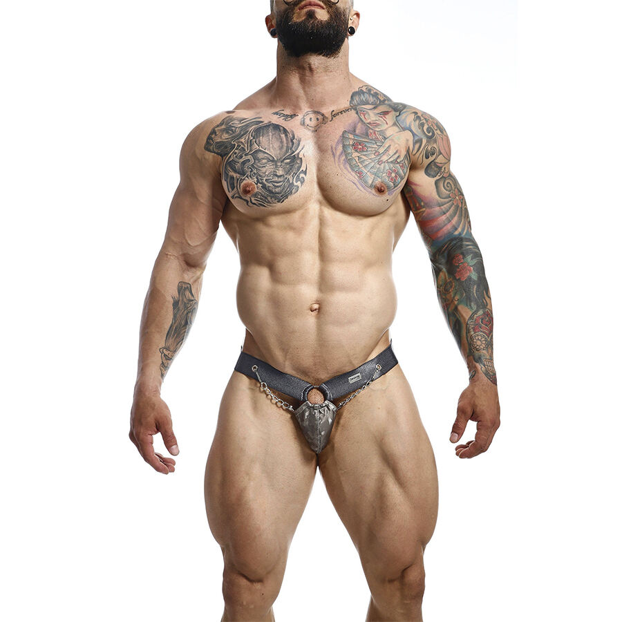 Jockstrap MOB Dngeon cinzento, com bolsa frontal de corrente e alças largas