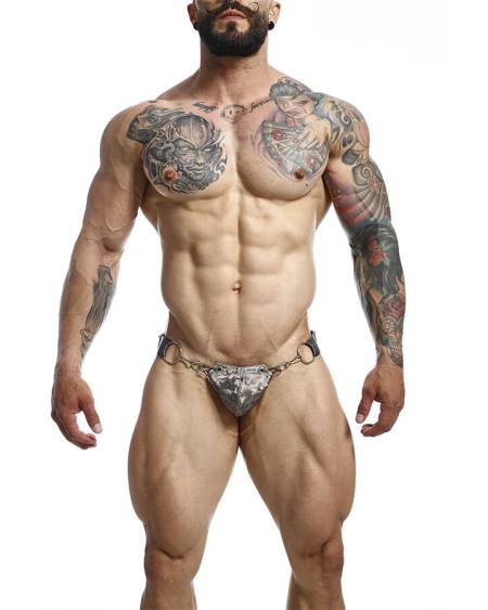 Jockstrap MOB DNGEON cinzento em couro sintético, com copa integral e argolas metálicas