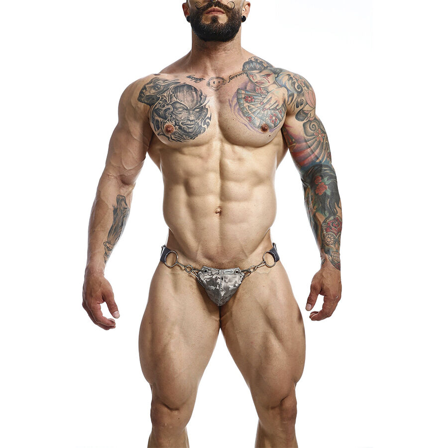 Jockstrap MOB DNGEON cinzento em couro sintético, com copa integral e argolas metálicas