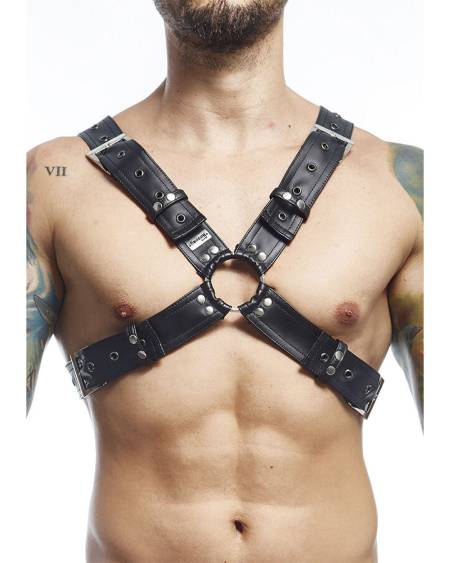 Arnês masculino preto Dngeon Cross da MOB, em pele sintética e metal
