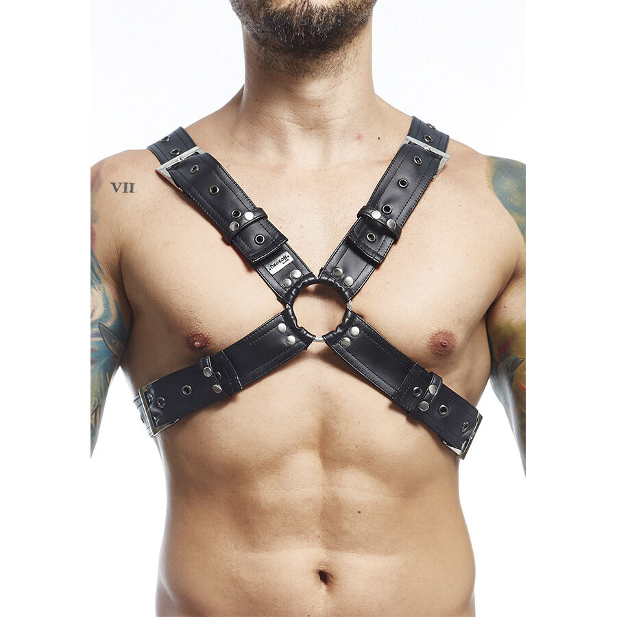 Arnês masculino preto Dngeon Cross da MOB, em pele sintética e metal