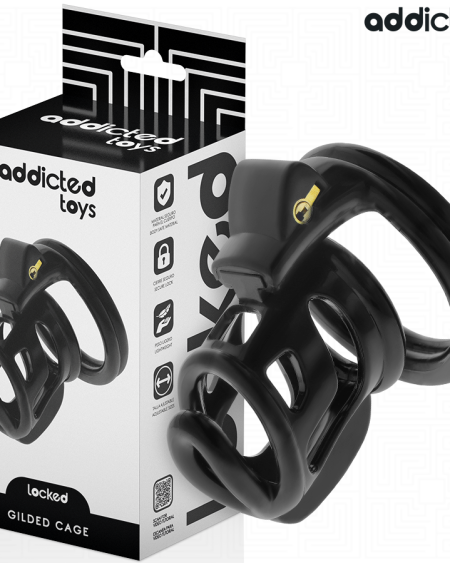 Jaula de castidade ADDICTED TOYS LOCKED GILDEN CAGE em silicone, com anéis de diferentes tamanhos e fechadura