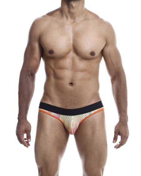 Cueca jock MOB Aero Jock laranja, com cobertura mínima, costas descobertas e bolsa frontal.