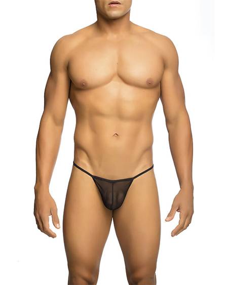 Tanga masculina MOB preta em malha transparente, com costas em forma de T