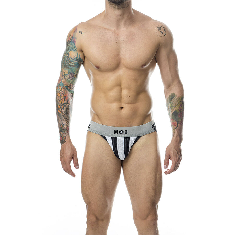Jockstrap branco MOB Stripe com bolsa em algodão e tiras de borracha