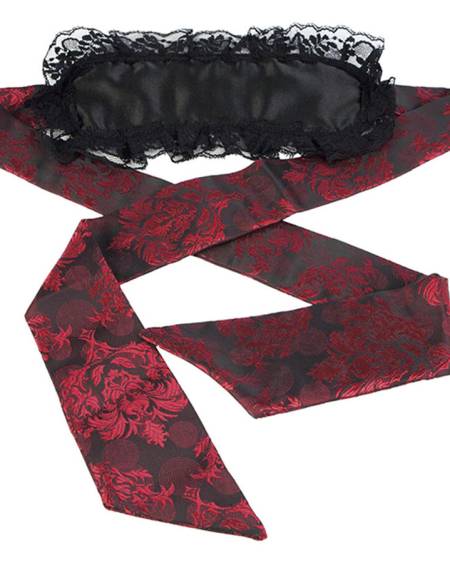 Venda para os olhos Scandal preta da CALEXOTICS, com acolchoamento duplo, acabamento em renda e brocado vermelho e preto.