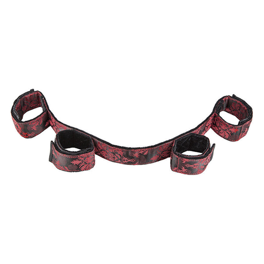 Barra de bondage Scandal da CALEXOTICS, dobrável, com algemas para pulsos e tornozelos em vermelho e preto