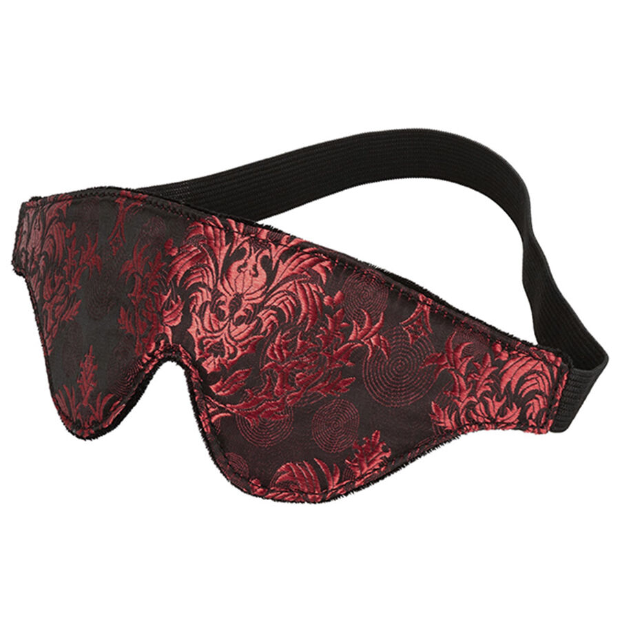 Venda para os olhos Scandal Blackout da CALEXOTICS, com design em brocado e detalhes vermelhos