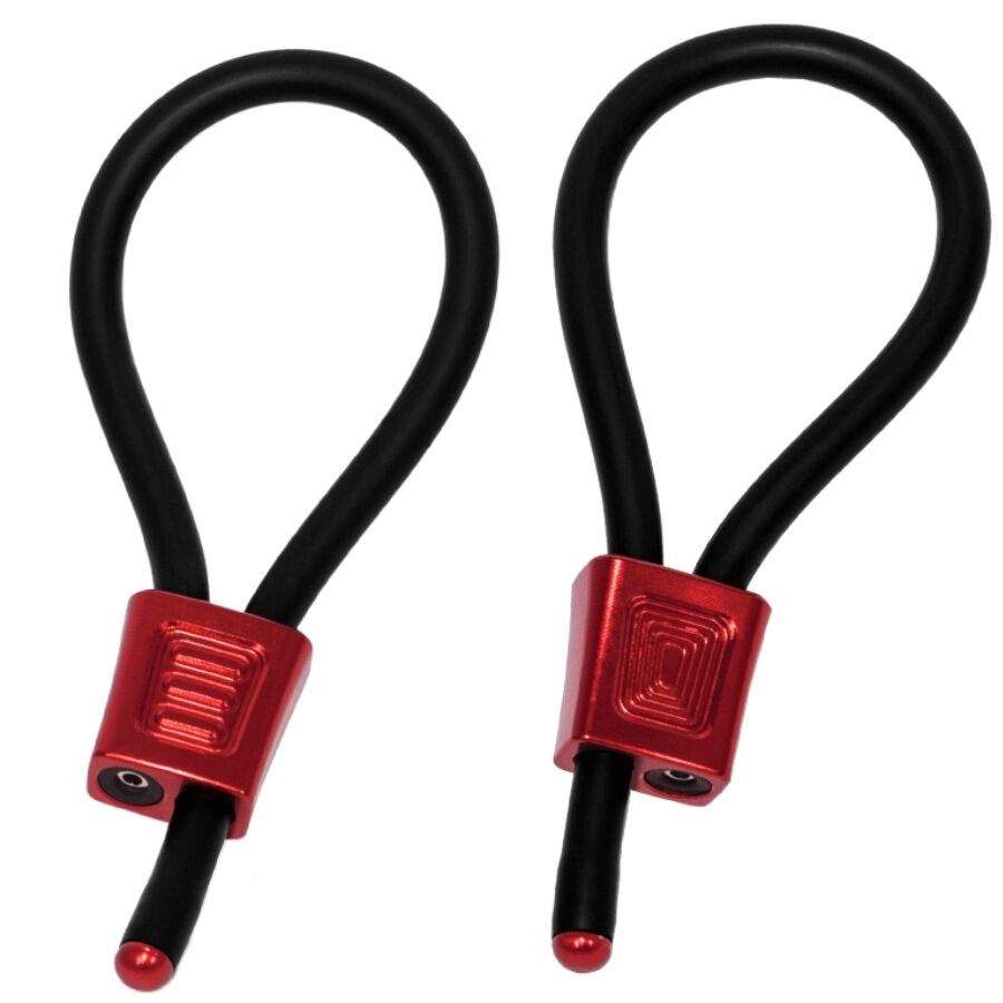Anéis ajustáveis de eletroestimulação ELECTRASTIM Prestige ElectraLoops, com borracha condutora e peça de ajuste em alumínio anodizado.