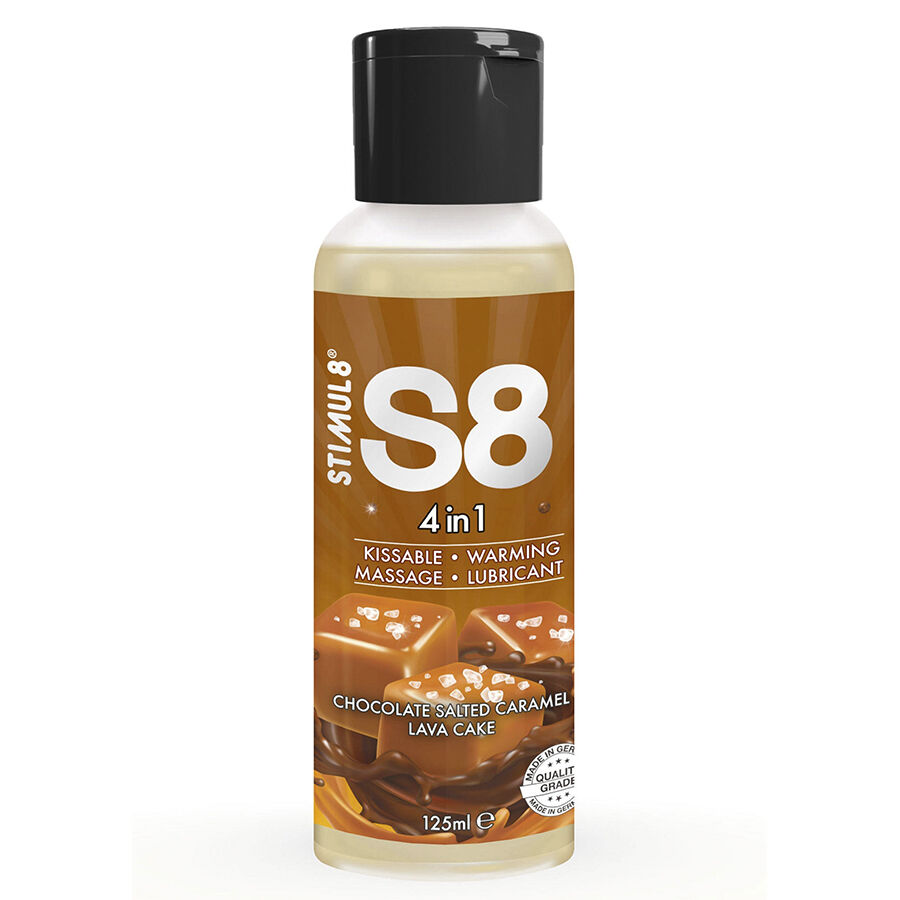 Lubrificante STIMUL8 S8 com sabor a chocolate e caramelo salgado, embalagem de 125 ml