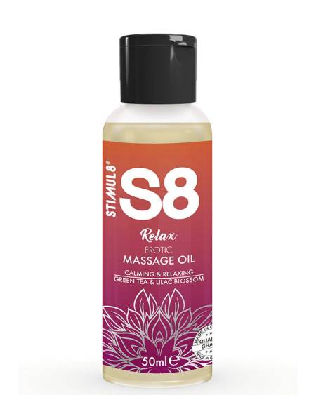 Frasco de óleo de massagem STIMUL8 S8 Relax com aroma a chá verde e flor de lilás, 50 ml