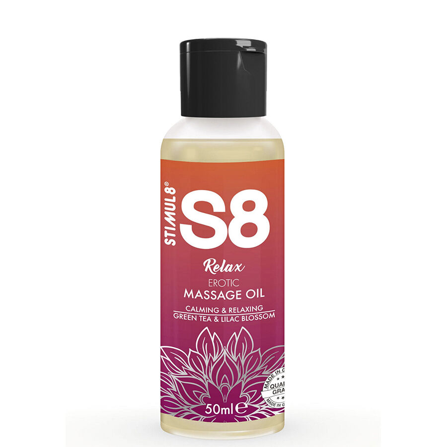 Frasco de óleo de massagem STIMUL8 S8 Relax com aroma a chá verde e flor de lilás, 50 ml