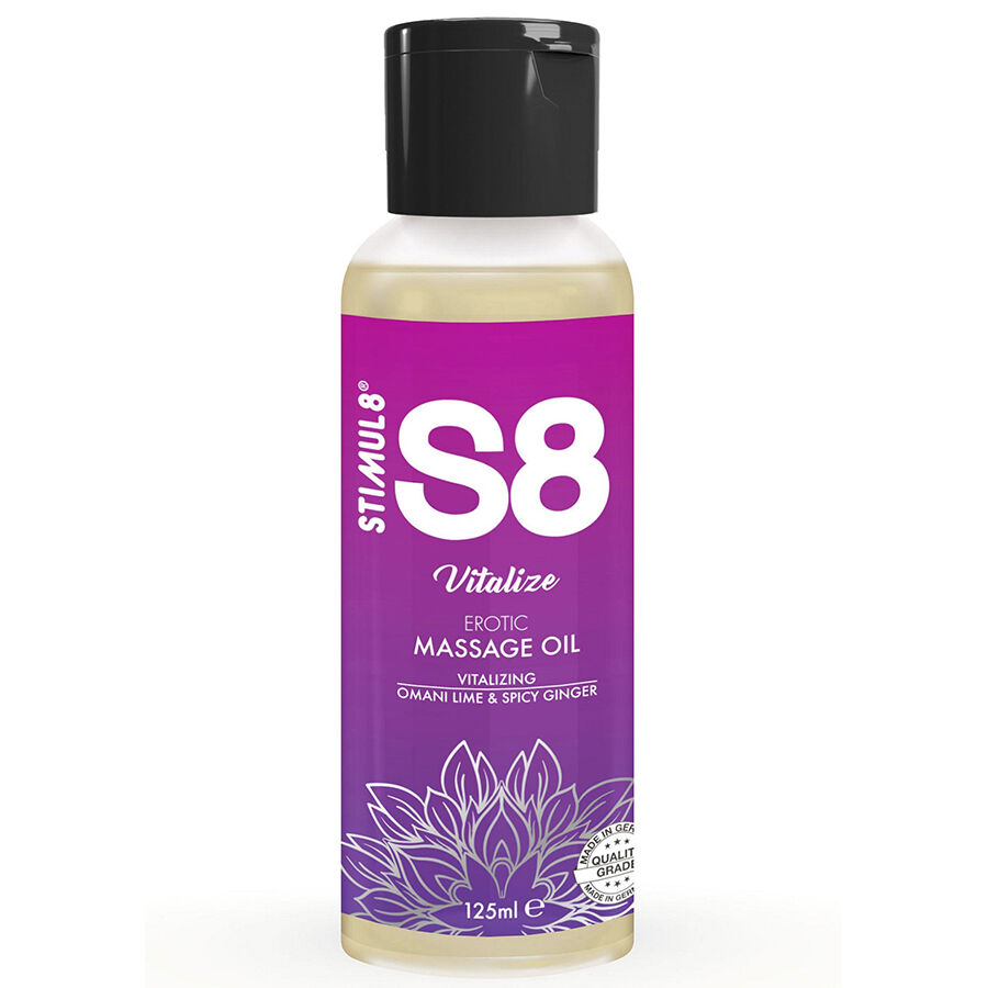 Óleo de massagem STIMUL8 S8 Vitalize, com aroma de lima de Omã e gengibre picante, 125 ml