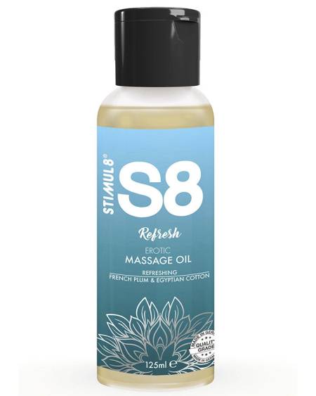 Óleo de massagem STIMUL8 S8 Refresh, 125 ml, com aroma a ameixa francesa e algodão egípcio