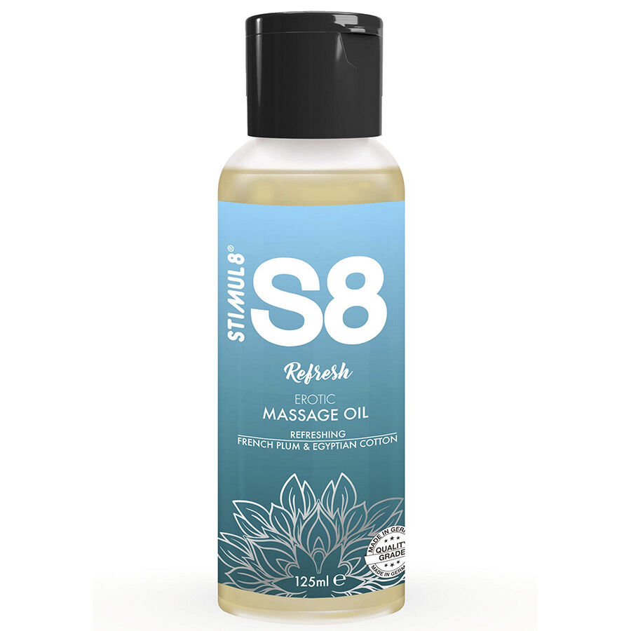 Óleo de massagem STIMUL8 S8 Refresh, 125 ml, com aroma a ameixa francesa e algodão egípcio
