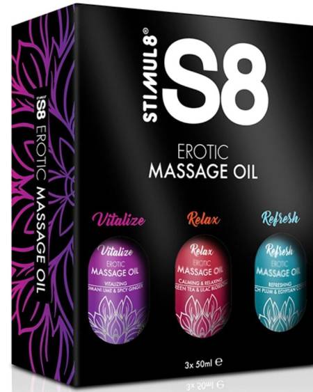 Caixa STIMUL8 com três óleos de massagem aromatizados de 50 ml