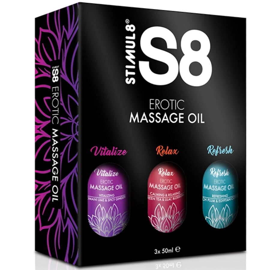 Caixa STIMUL8 com três óleos de massagem aromatizados de 50 ml