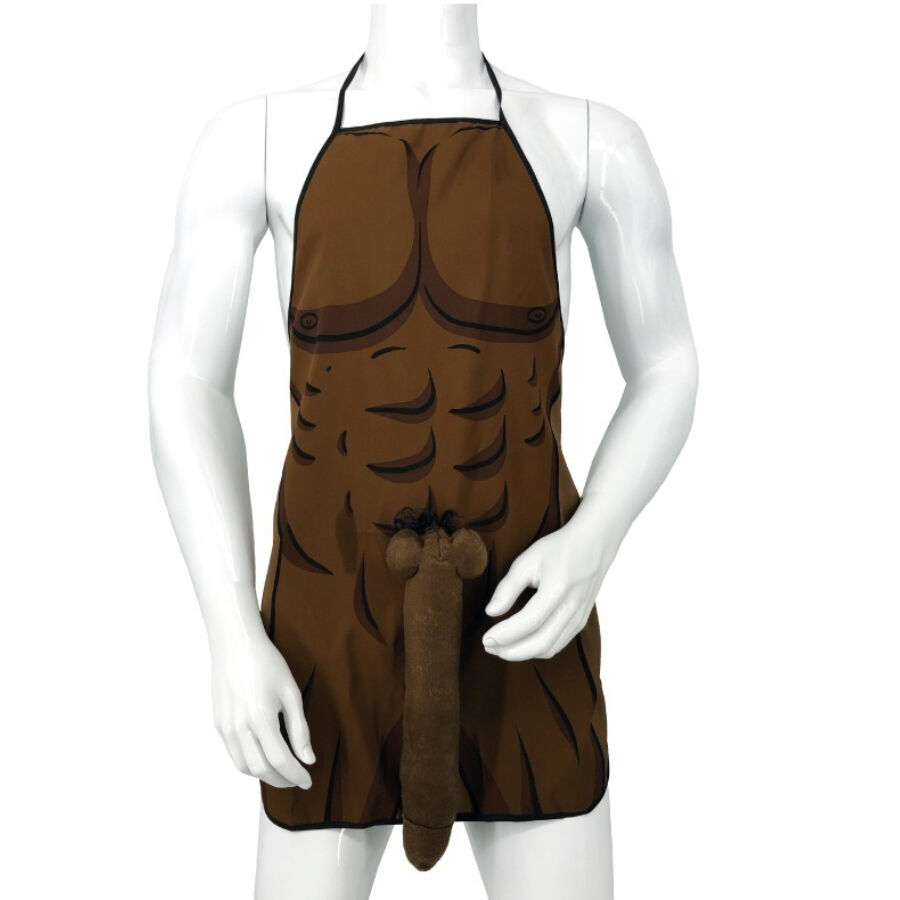 Avental DIABLO PICANTE com torso masculino musculado moreno, pénis 3D pendente e detalhes de pelo sintético