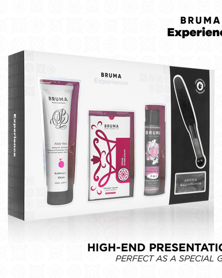 Kit de massagem BRUMA Xperience com lubrificante, óleo de massagem, pluma sensorial e venda