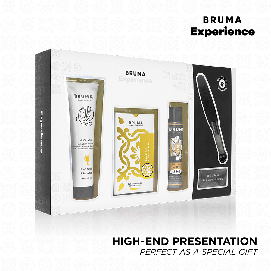 Kit de massagem BRUMA XPERIENCE com gel estimulante, lubrificante, óleo, pluma e venda
