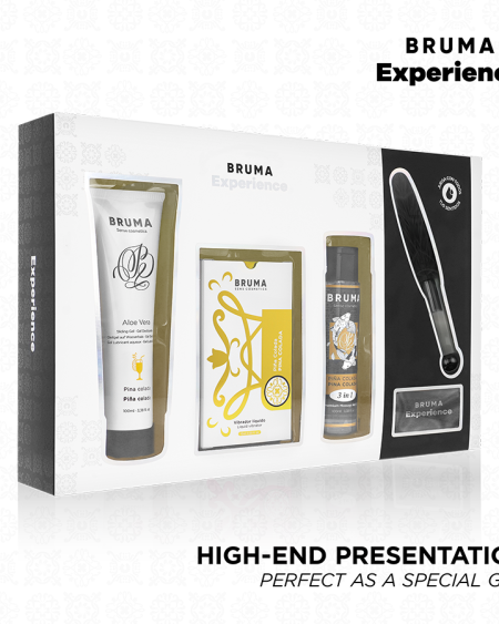 Kit de massagem BRUMA XPERIENCE com gel vibro-orgásmico, lubrificante, óleo, pluma e venda