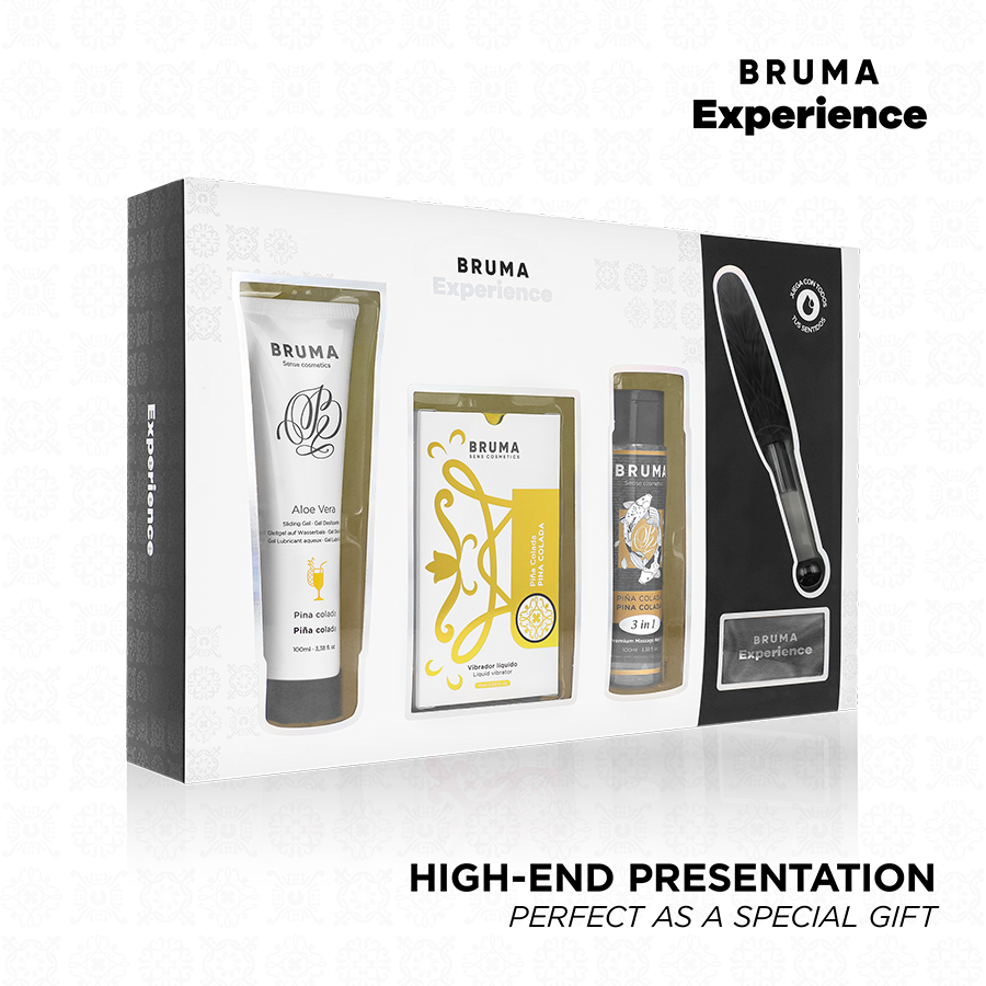 Kit de massagem BRUMA XPERIENCE com gel vibro-orgásmico, lubrificante, óleo, pluma e venda
