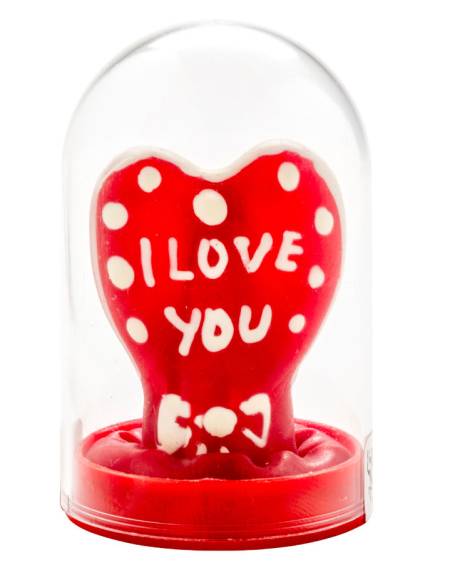 Preservativo decorativo CONDOMERIE pintado à mão com coração e mensagem «Amo-te», modelo 1