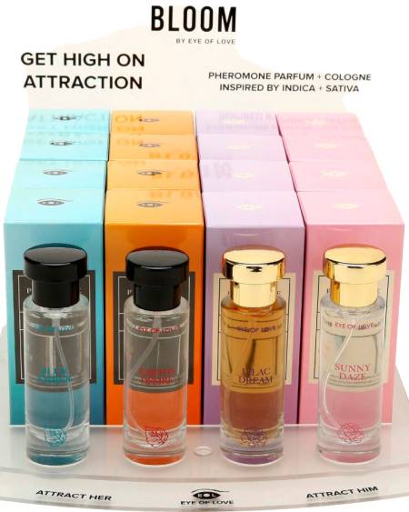 Expositor EYE OF LOVE Bloom com 16 perfumes com feromonas de 30 ml em quatro fragrâncias