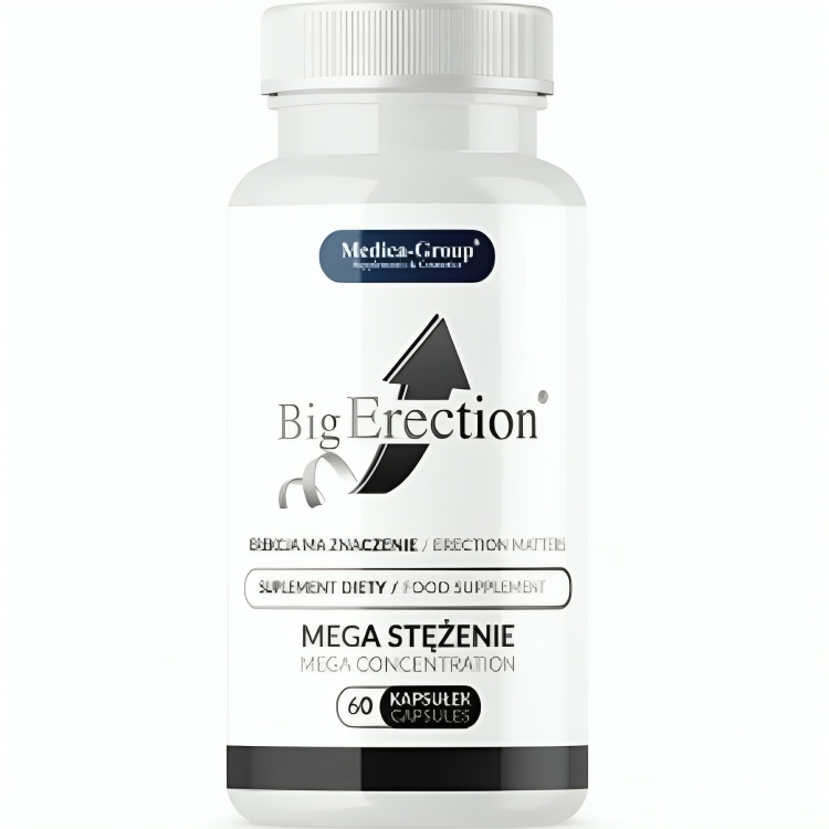 Embalagem de Big Erection, suplemento alimentar masculino em cápsulas da MEDICA GROUP
