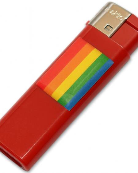 Isqueiro PRIDE vermelho decorado com a bandeira arco-íris LGBT