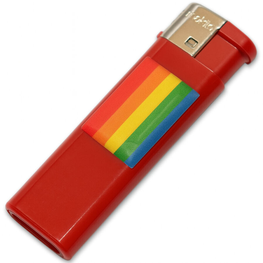 Isqueiro PRIDE vermelho decorado com a bandeira arco-íris LGBT