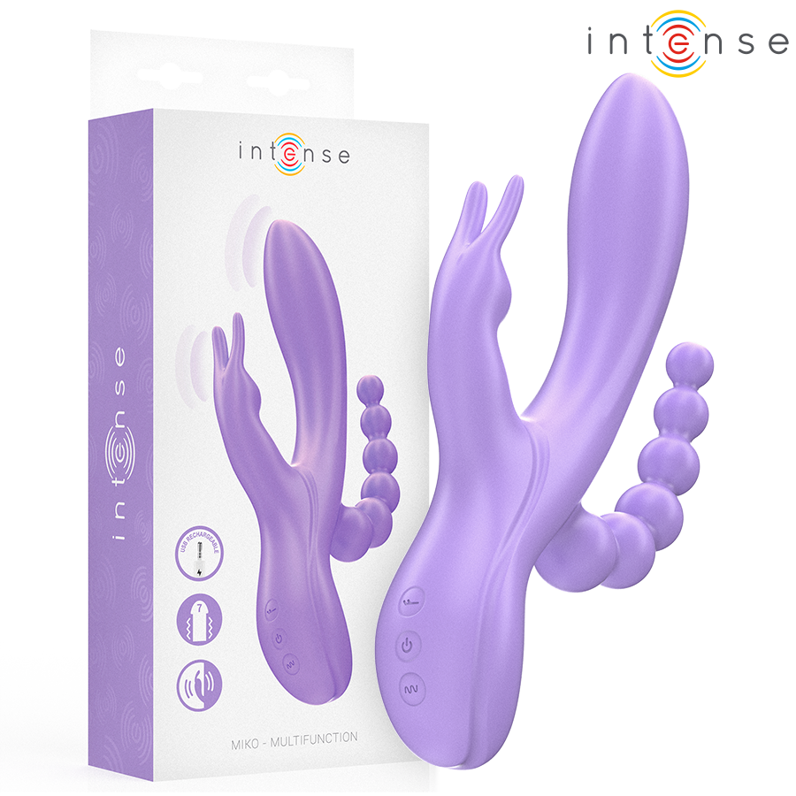 Vibrador rabbit triplo Miko da INTENSE, roxo, com três braços de estimulação