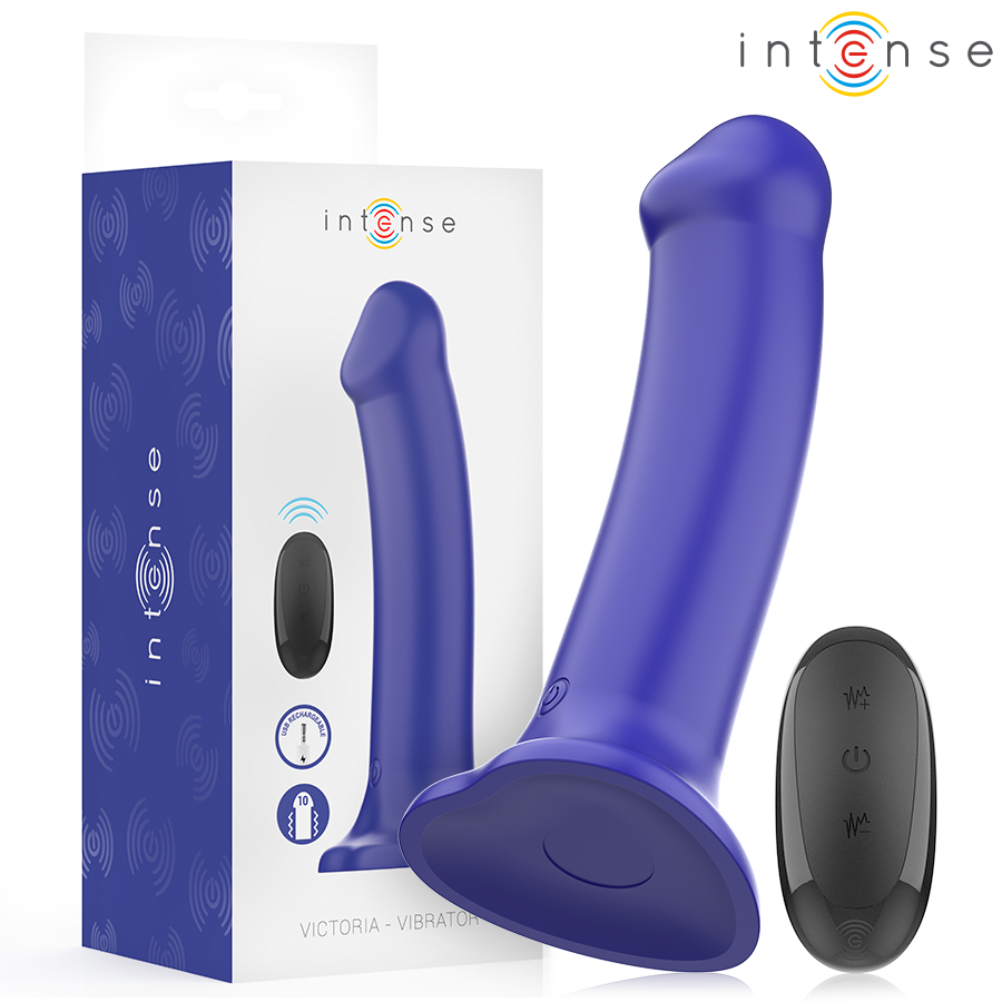 Vibrador VICTORIA azul-escuro com ventosa e controlo remoto da INTENSE