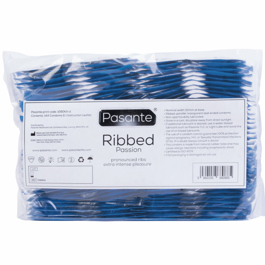 Embalagem de 144 preservativos estriados PASANTE Ribbed Passion