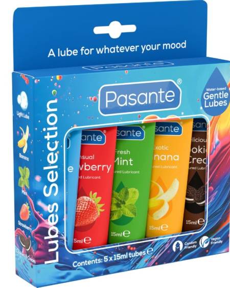 Pack PASANTE com cinco lubrificantes de sabores variados, em bisnagas de 15 ml