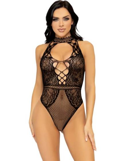 Body LEG AVENUE de rede e renda floral, com decote halter e abertura nas costas