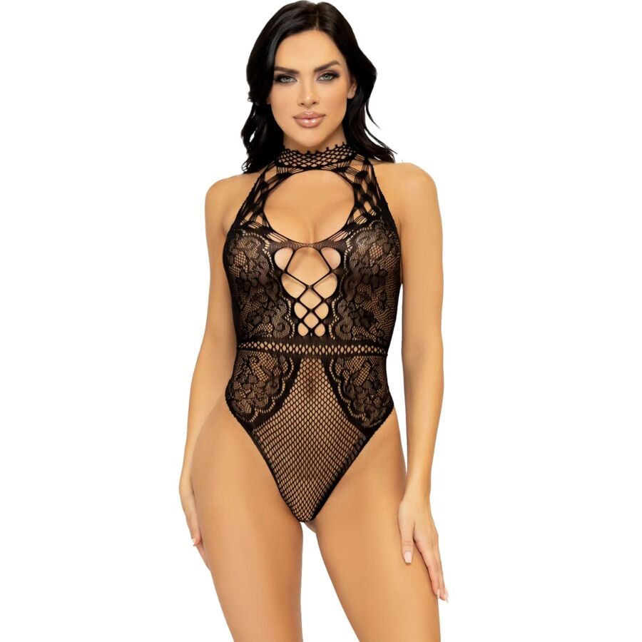 Body LEG AVENUE de rede e renda floral, com decote halter e abertura nas costas