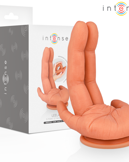 Estimulador do ponto G LEELA da INTENSE, flexível, com formato de mão e base de ventosa.