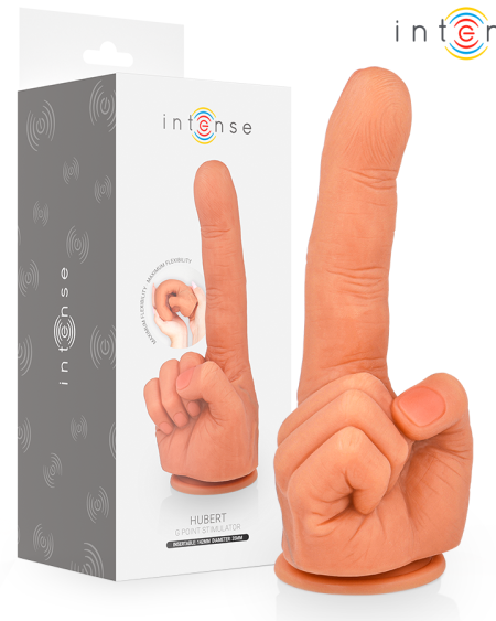 Estimulador do ponto G HUBERT da INTENSE, flexível, com formato de mão e ventosa na base.