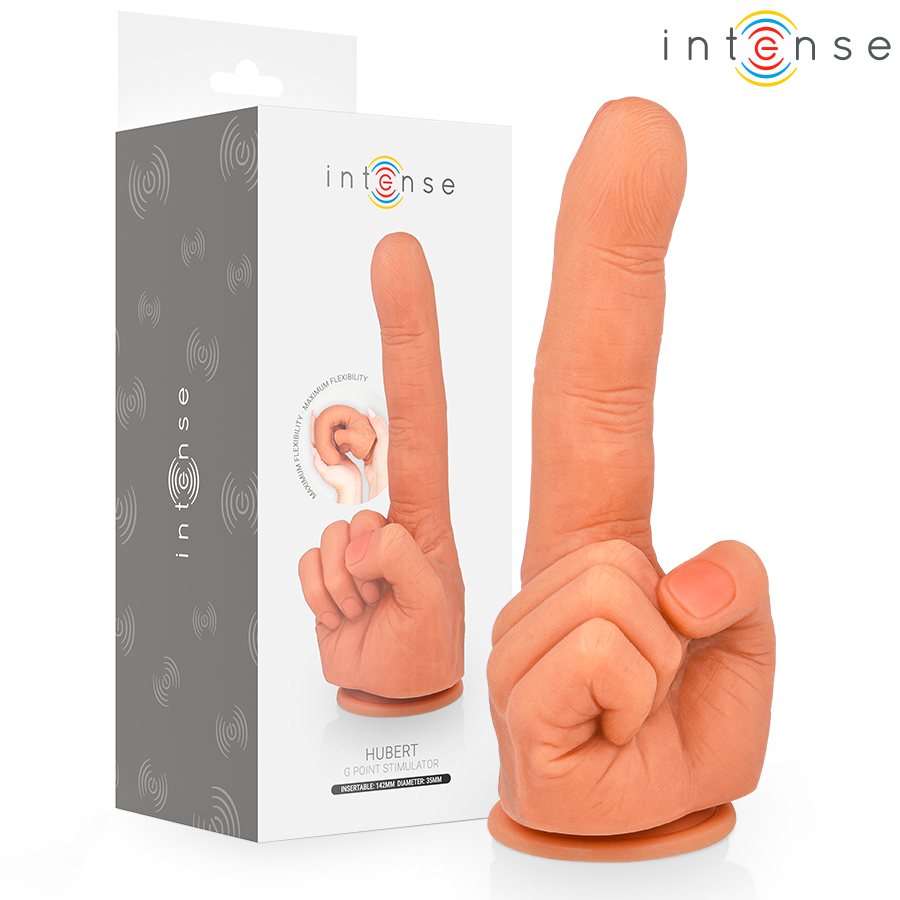 Estimulador do ponto G HUBERT da INTENSE, flexível, com formato de mão e ventosa na base.