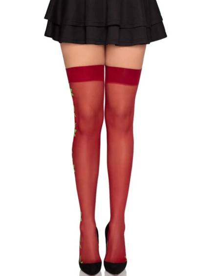Meias transparentes borgonha LEG AVENUE 1957 com bordado lateral de rosas vermelhas e verdes