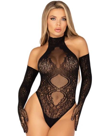 Conjunto preto LEG AVENUE 89363 com body de renda de costas abertas e luvas extra longas