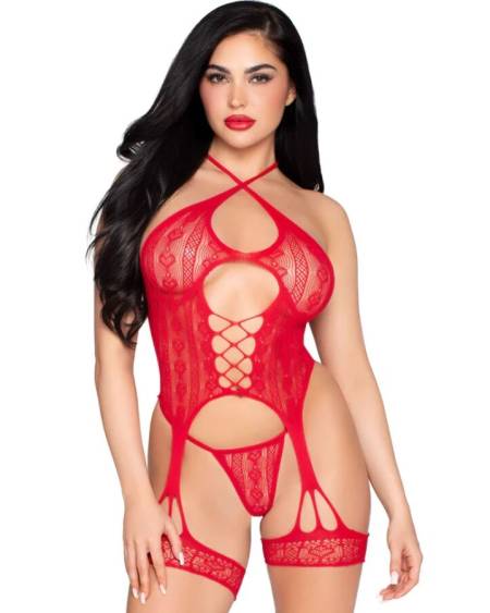 Conjunto vermelho LEG AVENUE 89338 com body aberto e tanga de renda