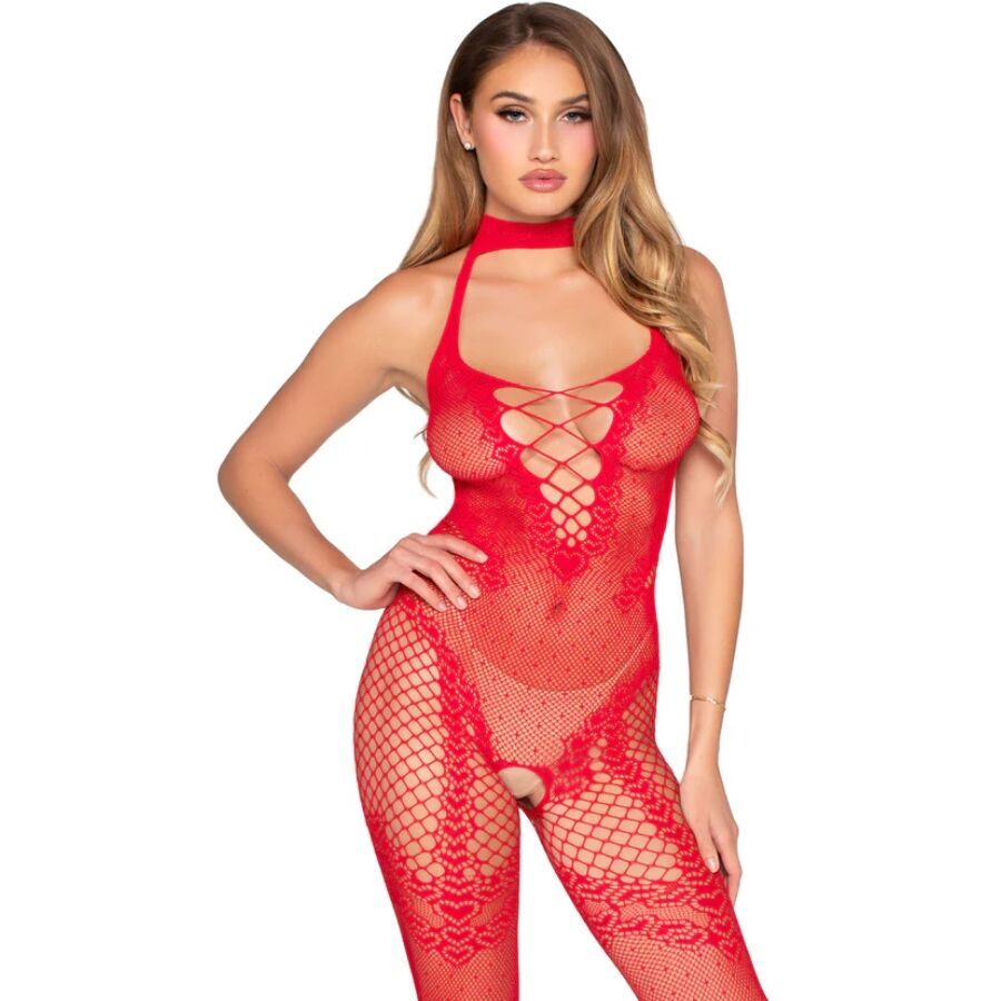 Bodystocking vermelho LEG AVENUE 89336 sem entrepernas, em rede de bolinhas com detalhes de corações e aberturas
